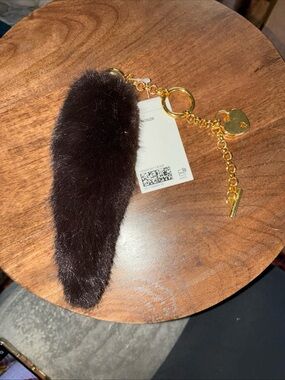 H&M Dark Brown Faux Fur Key & Card Holder with Gold Heart Charm